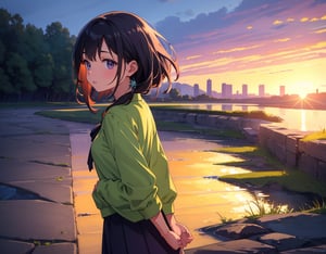 Masterpiece, Top quality, High definition, Artistic composition, 1 girl, from side, walking, hands behind back, looking away, lonely smile, mouth open, talking, dusk, riverbed, yellow-green shirt, purple skirt, striking light, portrait
