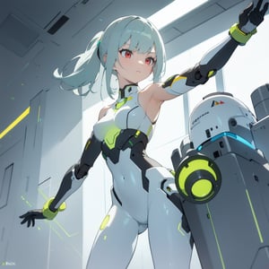 (masterpiece, top quality), high definition, artistic composition, 1 girl, greenish silver hair, red eyes, suspicious face, looking away, twisting body looking down, right arm extended upward, blue and yellow swimsuit-like battle suit, android-like armor, revealing skin, inside lab with white walls, Holographic, futuristic, several researchers, cartoon, (looking under own armpit)