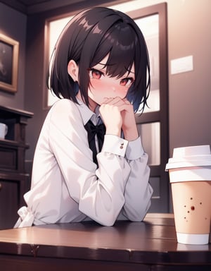 (masterpiece, top quality), high definition, artistic composition, 1 girl, black hair, pouting, tears, blushing, looking away, looking down, hands on table, holding coffee cup, top From, Dutch angle, bob cut