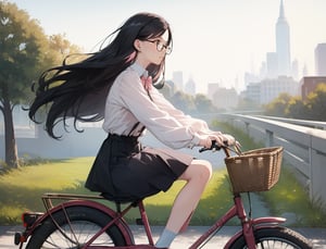 (Masterpiece, Top Quality), High Definition, Artistic Composition, 1 Woman, round black rimmed glasses, neatly coiffed hair, light pink shirt, beige skirt, dark blue shoes, driving bicycle, retro bicycle with front basket, from side, looking away, suburban scene, portrait, lady, calm Atmosphere