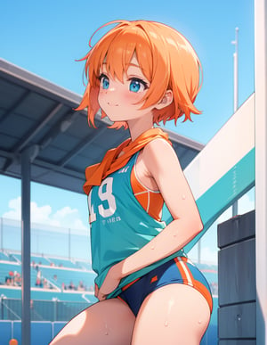 Masterpiece, Top quality, High definition, Artistic composition, One girl, front view, track, cyan and orange sportswear, smiling, sweating, sports towel, looking away, short hair, bold composition