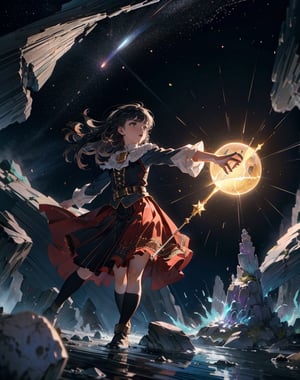 Masterpiece, top quality, high definition, artistic composition, animation, 1 woman, witch, holding wand, glowing, earth cracking and rising, stone rubble, fantasy, magic, attack, dynamic composition, action pose, looking away, arms extended, magic circle, wide shot, giant rock floating