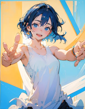 Masterpiece, Top Quality, High Definition, Artistic Composition, 1 girl, smiling with her mouth open, pointing towards me, close-up of fingertips, light blue tank top, bold composition, reaching out