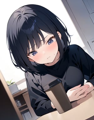 (masterpiece, top quality), high definition, artistic composition, 1 girl, black hair, pouting, tears, blushing, looking away, looking down, hands on table, holding coffee cup, top From, Dutch angle, bob cut