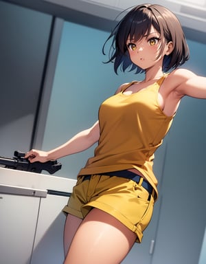 (masterpiece, top quality), high definition, artistic composition, 1 girl, brown skin, yellow tank top, navy blue shorts, holding pistol, reaching, action pose, looking away, twisting, short hair, spotlight, lively