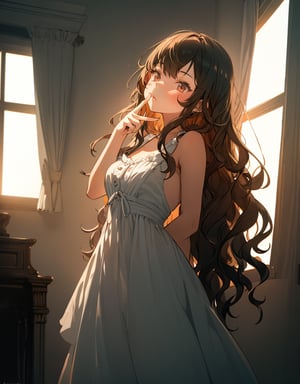 Masterpiece, Top Quality, High Definition, Artistic Composition, One Girl, Bust Shot, Squinting, Chuckling, (index finger in front of mouth), Dark Room, Bedroom, Backlight, Impressive Light, Simple Dress, Long Wavy Hair, POW, Frontal Composition, Looking Up,girl