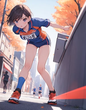 (masterpiece, top quality), high definition, artistic composition, 1 woman, marathon uniform, running shoes, running marathon, running, short hair, looking away, tree-lined street, fall, from below, emphasis on feet, bold composition, sense of speed, Dutch angle, motion blur, lively, perspective