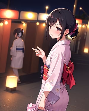 (Masterpiece, Top Quality), High Definition, Artistic Composition, 1 Woman, Embarrassed, Girlish Gesture, From Above, From Side, Looking Away, Blushing, Inverted Ponytail, Yukata, Walking, Night, Festival, Dark, Talking, Head Up, Kanzashi, Black Hair