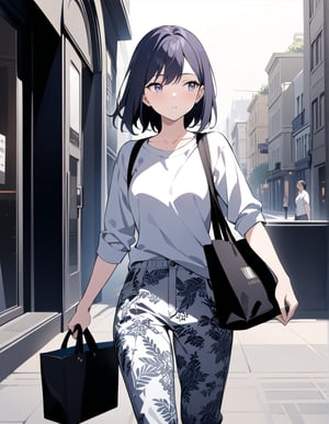 (masterpiece, top quality), high definition, artistic composition, 1 girl, printed easy pants, white shirt, tote bag, looking away, walking, urban, sobriety, portrait, hurrying, slip-on, looking at my watch