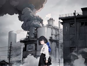 Masterpiece, Top Quality, High Definition, Artistic Composition, 1 girl, blank expression, white shirt, black skirt, 1960s Japan, short hair, crude clothing, gray sky, big factory, lots of smoke coming from big chimney, melancholy, dark, wide shot, portrait, slum, black fog, 13-year-old girl,best quality