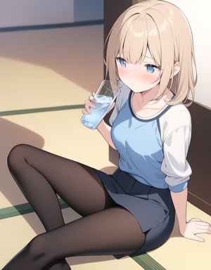 (masterpiece, top quality), high definition, artistic composition, 1 woman, sober casual fashion, pantyhose, sitting on tatami, leaning against wall, Extending the leg, looking sad, nose blush, looking away, holding glass of water, from above, mouth agape complaining, complaining, complaining.


