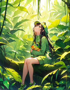 (masterpiece, top quality), high definition, artistic composition, 1 girl, in rainforest forest, wearing green stuffed frog, sitting with legs spread, looking up to heaven, comical, cute, from front