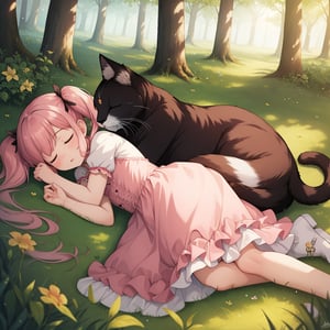  (masterpiece, top quality), high definition, artistic composition, 1 girl, ugly huge cat sleeping, girl sleeping on that cat, little girl, pink dress, twin tails, in the forest, beautiful sunlight, fantasy, animation