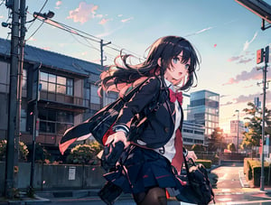 Keywords : masterpiece, best quality, 1 girl, sad, running forward hard, open mouth, blazer, school uniform, school uniform, school bag, pantyhose, japan, evening, school route, from side, school route, cowboy shot, high definition, rushing, dramatic light, beautiful scenery, looking away
