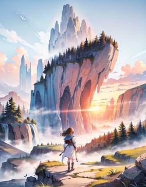 Masterpiece, top quality, high definition, artistic composition, animation, one woman, starting out on a journey, map in hand, majestic nature, beautiful sunrise, morning mist, brave, motivated, bold composition, traveling outfit, back view, long road ahead,breakdomain