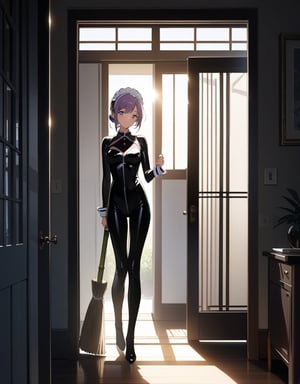 (Masterpiece, Top Quality), High Definition, Artistic Composition, 1 girl, anime, purple maid outfit, cleaning with bamboo broom, doorway, open door, morning sun, backlight, catsuit, gentle smile, dramatic, wide shot, from front, western house