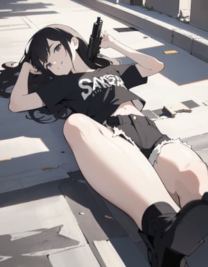 (masterpiece, top quality), high definition, artistic composition, 1 girl, 15 years old, smirking, (holding a pistol), darkness, in ruins, plain t-shirt, shorts, lying on her back on the ground, danger, crisis, suspense