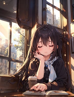 Masterpiece, Top Quality, High Definition, Artistic Composition, 1 girl, tearful, reading, coffee shop, window seat, coffee cup, handkerchief, light shining through, late afternoon, from below, eyes closed, looking up