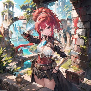 Masterpiece, Top Quality, 1 girl, bikini armor, standing, bold pose, red hair, ponytail, big eyes, smiling, see-through, face close-up, beautiful nature, western medieval city, ruins, treasure chest, natural light, hair shining, fantasy, high definition, top view composition