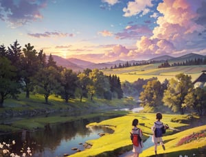 Masterpiece, Top Quality, 2 Girls, Side by Side, One Sitting, Casual Spring Fashion, Back View, Beautiful Japanese Nature Scene, Rural Scene, Stream in Distance, One Large Tree Standing, Sunset, Striking Sky Color, Looking Away, High Definition, Emotional, Big Cloud, Wide Sky
