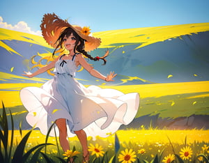 (masterpiece, top quality), high definition, artistic composition, 1 girl, dark hair, sundress, straw hat, running with open arms, open mouth laughing, braids, side view, meadow, dramatic, striking light, bold composition