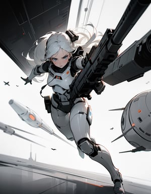Masterpiece, top quality, high definition, artistic composition, 1 woman, Star Wars style, inside spaceship, futuristic passage, female soldier, gun in hand, action pose, bold composition, Dutch angle, dim, high contrast, perspective, dramatic, droid,girl