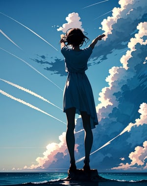  Masterpiece, top quality, high definition, artistic composition, 1 girl, back view, looking up to the sky, sea, wide sky, striking sky color, many lines of light falling from the sky, wide shot, magnificent nature, fantastic, open arms,photograph,<lora:659111690174031528:1.0>