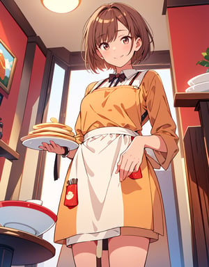 (masterpiece, top quality), high definition, artistic composition, 1 woman, holding out plate with pancake on it with right hand, close-up of pancake, smug face, short hair, boyish, tanned skin, dining room, cute apron, portrait, bold composition, from below