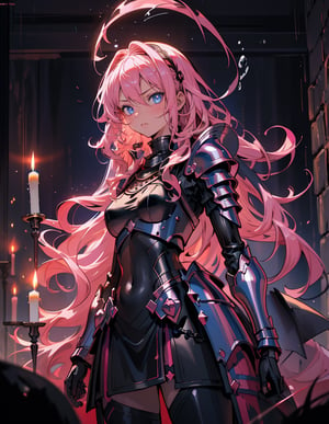 (masterpiece, top quality), high definition, artistic composition, 1 girl, pink wavy hair, hair band, slender jet black armor, blue eyes, from front, standing tall, sword in both hands, chin drawn, glaring, dungeon, dark, candle light, perspective, fantasy, mature