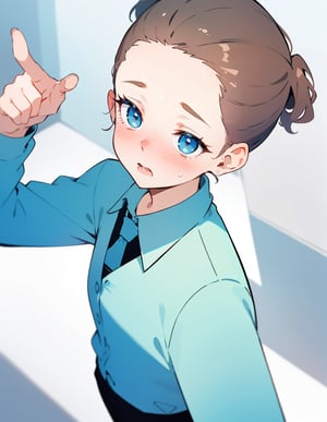 (masterpiece, top quality), high definition, artistic composition, one female, pointing, embarrassed, troubled, collared shirt, business suit, from above, nose blush, looking away, broad forehead, hair pulled back, fingers up, office, cute, comedy, animation, reaching