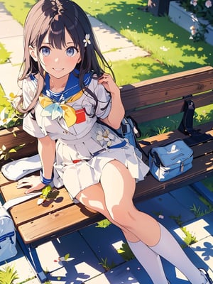 Masterpiece, Top Quality,1 female, white sailor suit, long white skirt, school uniform, school uniform, white stockings, demure, smiling, student bag, sitting, legs stretched, looking up at sky, flower bed, campus bench, morning, beautiful landscape, striking light, dramatic, Japanese, elegant, high definition, portrait, wide shot, artistic composition