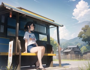 Masterpiece, Top Quality, High Definition, Artistic Composition,1 girl, sitting, looking away, printed T-shirt, denim mini skirt, sandals, Japanese countryside, bus stop, blue sky, incoming clouds, summer, wide shot,breakdomain,girl
