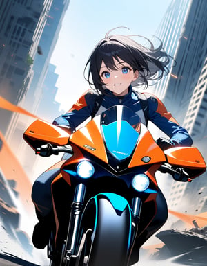 (masterpiece, top quality), high definition, artistic composition, 1 woman, black hair, smiling, driving a large motorcycle, black and blue rider suit, black and orange motorcycle, futuristic, front view, dynamic, Fast, Ruined City, Crumbling Buildings, Bold Composition, Dutch Angle, Science Fiction, Motion Blur, Perspective