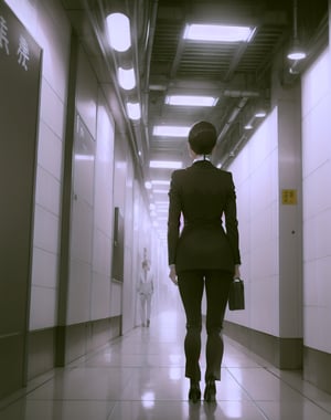 (masterpiece, top quality), high definition, artistic composition, 1 woman, business suit, back view, walking, clean Japanese underground walkway, white tiles, perspective, silence, guide light, information board, advertising sign, bright