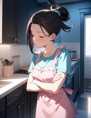 (masterpiece, top quality), high definition, artistic composition, 1 female, dark hair, long hair, pretty face, pouty, young, apron, kitchen, hair tied back, pastel colors, striking light, wife, cartoon, loungewear, Arms crossed, looking away, eyes closed, looking up