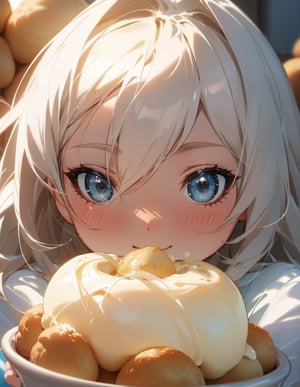 Masterpiece, Top quality, High definition, Artistic composition, One girl, eating cream puffs, cream around mouth, smiling, close-up of face, light blue clothing,chibi