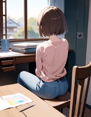 Masterpiece, Top Quality, High Definition, Artistic Composition,1 girl, short hair, drawing manga at study desk, back view, Japanese housing, jeans, trainers, watercolor style, pastel tones, from behind, looking away, back, sitting on wooden chair, chestnut hair, face not visible, rounded back
