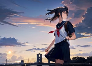 masterpiece, best quality, 1 girl, 13 years old, girl, sailor suit, school uniform, walking, pushing bicycle, causeway, dusk, sunset, dim sky, school road, high definition, Japan, artistic composition, backlight, silhouette, composition from the side, composition from below, striking,best quality