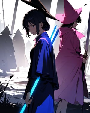 (masterpiece, top quality), high definition, artistic composition, two girls, blue swordsman and pink wizard, back to back, hero costume, battlefield, cartoon, holding sword and walking stick, looking away, tired smile, clothes stained with dirt, backlit, dramatic, pinch, high contrast, bold Composition