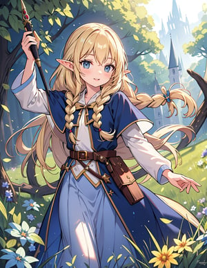 Masterpiece, Top quality, High definition, Artistic composition, One girl, Elf wizard, Navy blue robe, Khaki skirt, Magic wand made of wood, Long blonde hair, Hair in braids, Smiling, Posing, Meadow, Cheerful, Sharp eyes, Fantasy