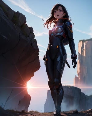 (masterpiece, top quality), high definition, artistic composition, 1 girl, standing on cliff, driver suit, from below, right hand reaching up, looking away, backlit, powerful, screaming, bold composition,
Giant super robot wreckage smoking in background