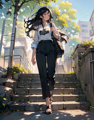 (masterpiece, top quality), high definition, artistic composition, 1 woman, college student, long black hair, college campus, white shirt, beige pants, descending stairs, talking, looking away, smiling, second bag, papers under arm, bright sunlight, large steps, outdoors, street trees, stylish, Large gestures