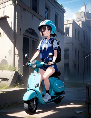 (masterpiece, top quality), high definition, artistic composition, 1 girl, riding scooter, sports helmet, abandoned town, sailor suit, backpack, smiling, bold composition, dramatic, striking light