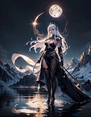 (masterpiece, top quality), high definition, artistic composition, 1 woman, goddess, divine, big moon, reflection on water, cold, impressive light, fantasy, Norse mythology, descent

