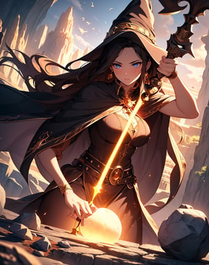 Masterpiece, top quality, high definition, artistic composition, animation, 1 woman, witch, holding wand, glowing, earth cracking and rising, stone rubble, fantasy, magic, attack, dynamic composition, action pose, looking away, arms extended, magic circle, wide shot, giant rock floating