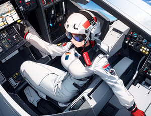 masterpiece, top quality, 1 girl, white pilot suit, helmet in hand, sitting in cockpit, operating, otherworldly airbase, runway, algorithmic design fighter, silver fighter, high definition, composition from above, wide shot, colorful sky, science fiction, fantastic,best quality