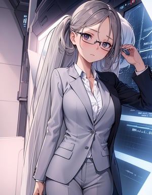 (masterpiece, top quality), high definition, artistic composition, 1 woman, female analyst, business suit, wearing glasses, tilted head, hand on chin, troubled, graph of economic indicators in background, pastel tones, standing, frontal, gaze upward