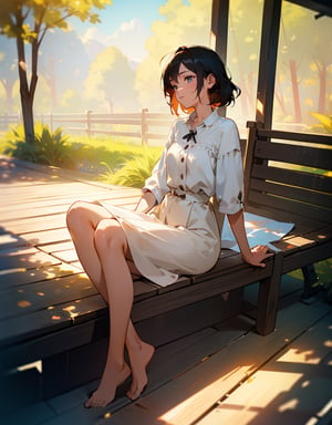 Souvenir photo masterpiece, top quality, high definition, artistic composition, animation, one woman, relaxing, wooden deck, warm sunlight, beautiful nature, portrait,girl