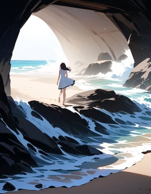 (masterpiece, top quality), high definition, artistic composition, 1 girl, sleeveless dress, bare feet, sandy beach, lapping waves, tunnel made of huge rocks, beautiful natural scene, unusual landscape, surprised, exploring, bold Composition