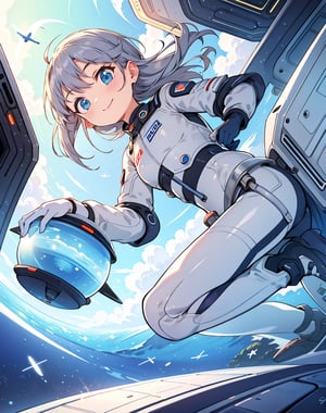 Masterpiece, Top Quality, High Definition, Artistic Composition,1 girl, silver pilot suit, on small saucer shaped UFO, smiling, looking away, retro-futuristic, cartoon, flying, from below, backlit, wide shot,